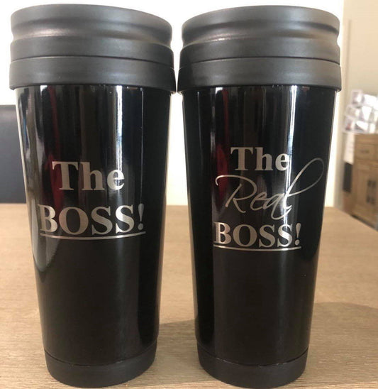 The Boss and Real Boss Travel Mugs Engrave Works Set of 2 