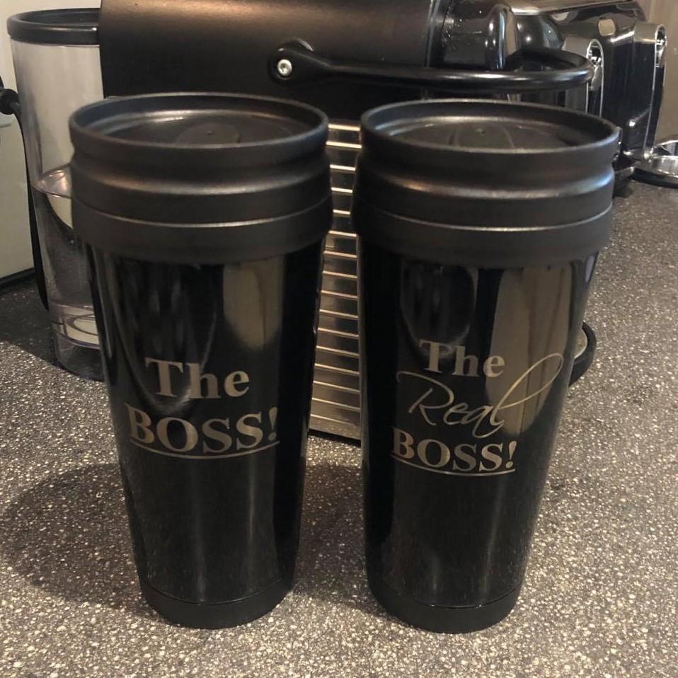 The Boss and Real Boss Travel Mugs Engrave Works 